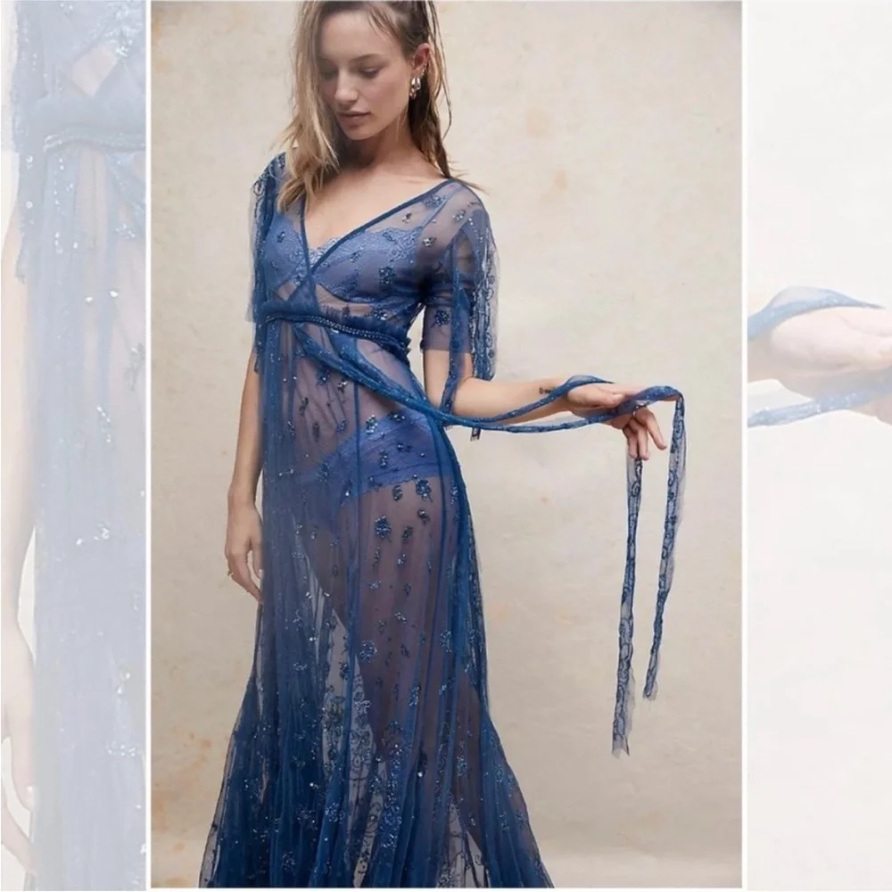 Free People Sheer Embellished Maxi Dress in Deep Blue - Picture 2 of 10